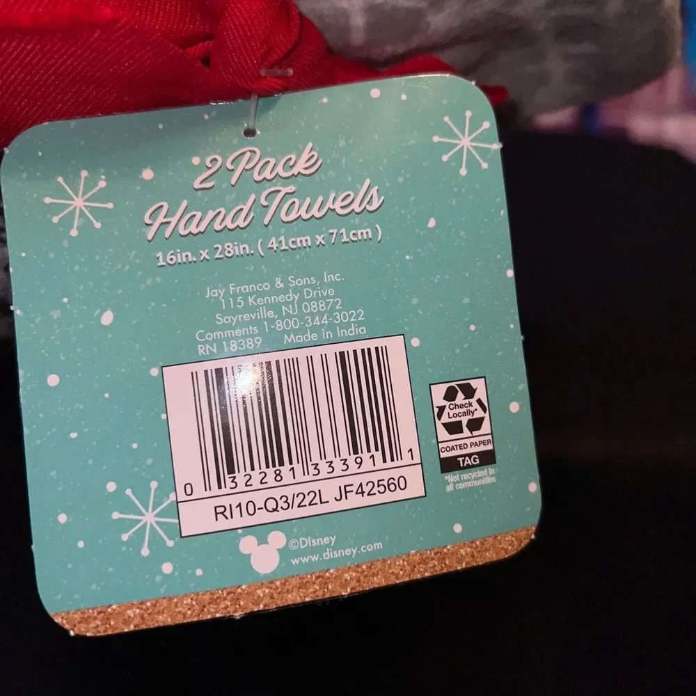 New Disney‎ Mickey Minnie Mouse Christmas Gray 2Pack Sleigh Ride Hand Towels